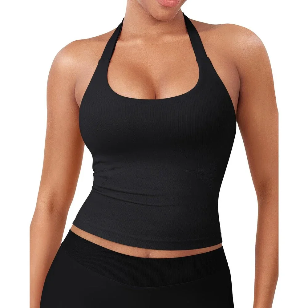 YEOREO Women's Black Softhue Impact Halter Tank Top Longline Backless Scoop XS